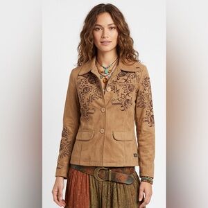 PRIKNIT Faux Suede long sleeved Embroidered Tan button down Jacket Size Large